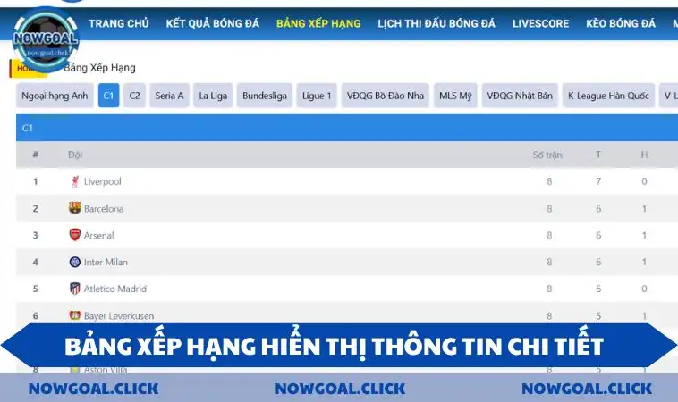  Bảng xếp hạng hiển thị thông tin chi tiết về các giải đấu lớn
